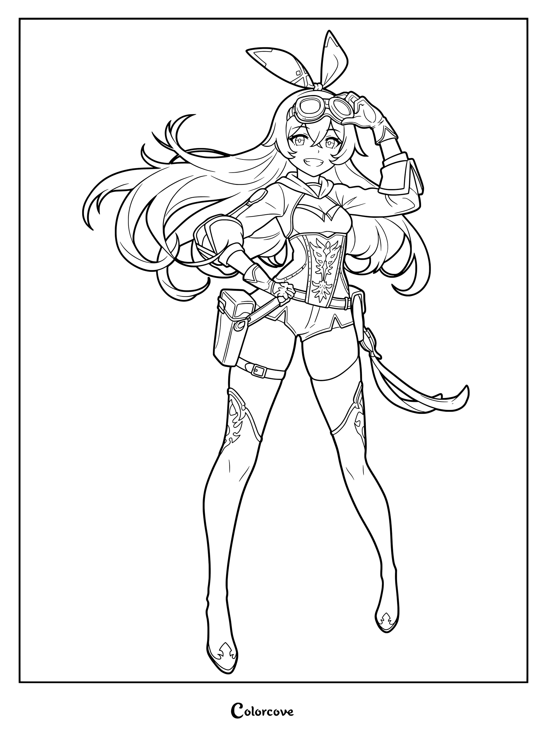 Amber from Genshin Impact in a dynamic pose coloring page.