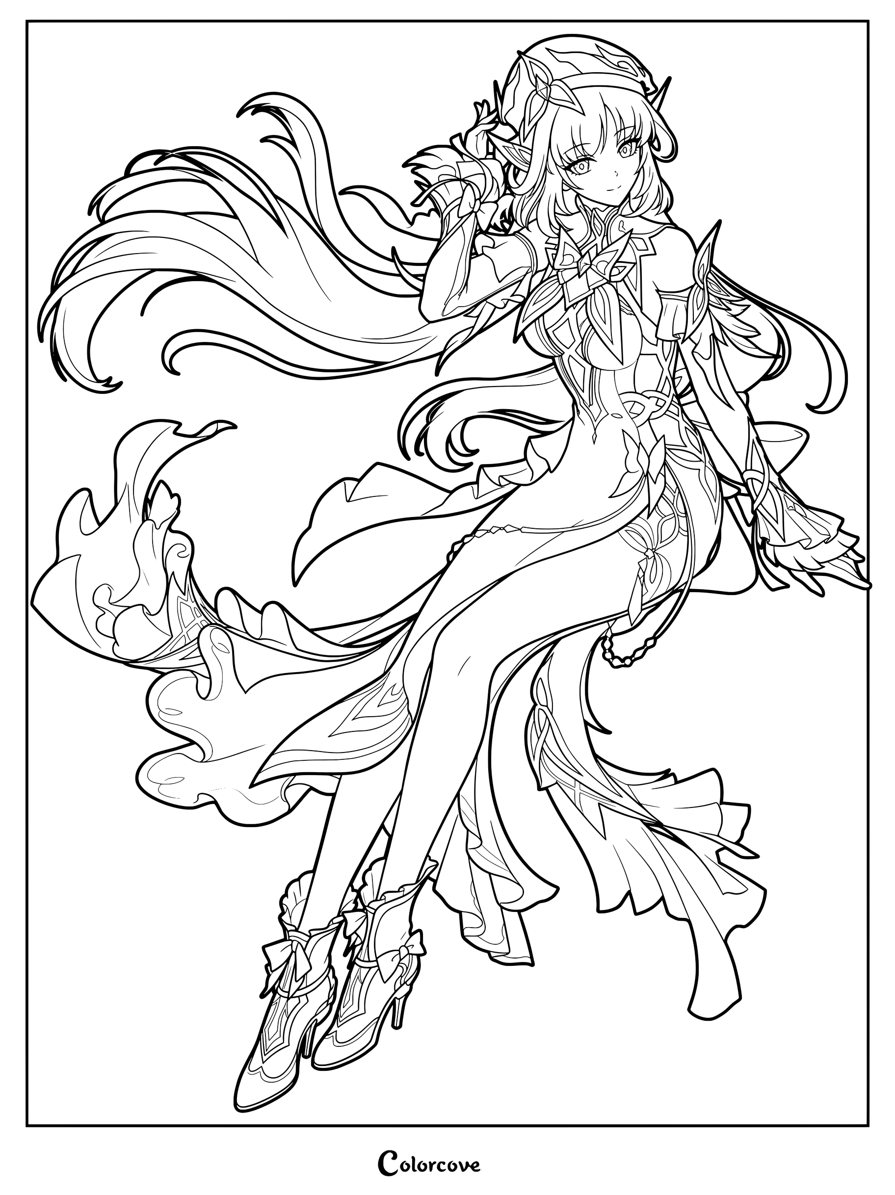 Detailed coloring page of Nicole Reeyn from Genshin Impact featuring flowing hair and ornate outfit.