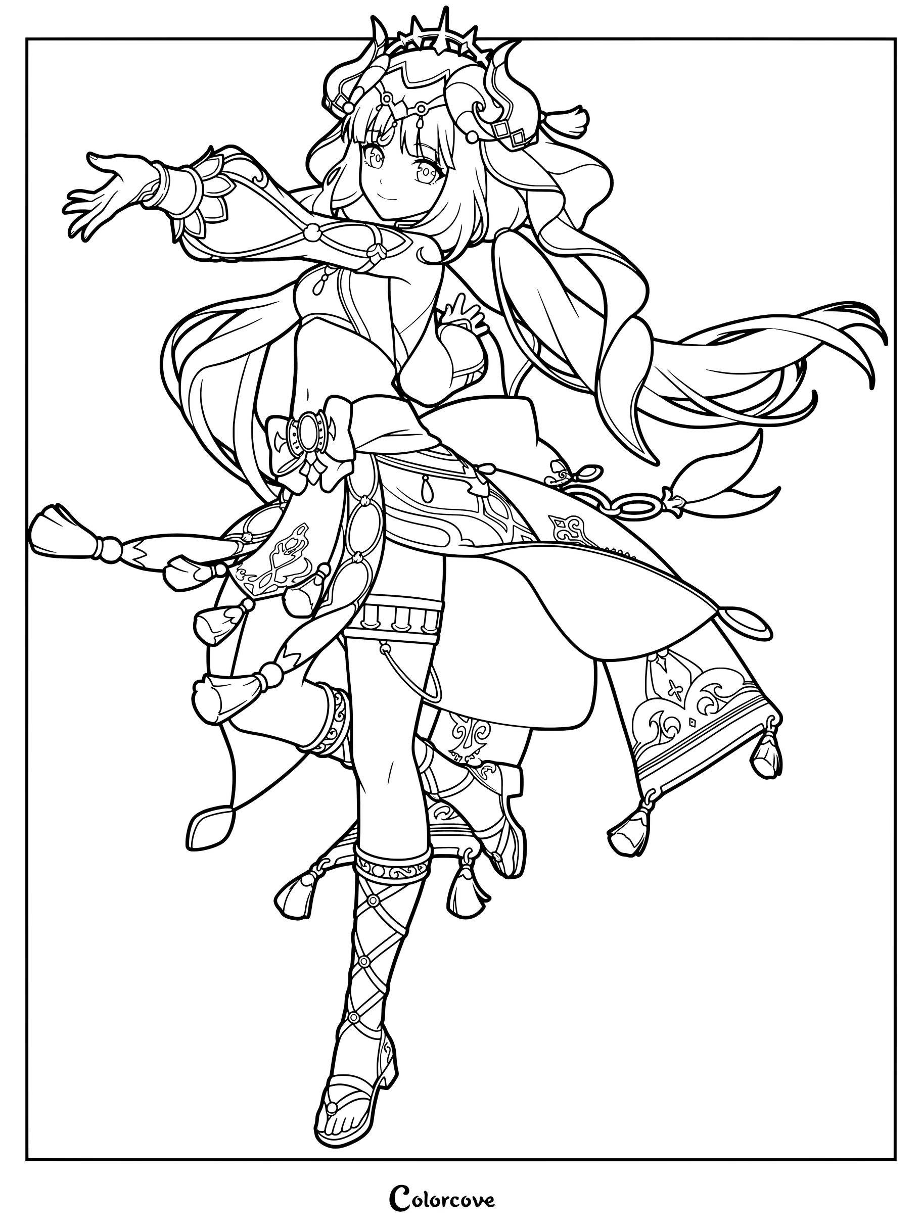 Nilou from Genshin Impact in a dynamic dancing pose coloring page