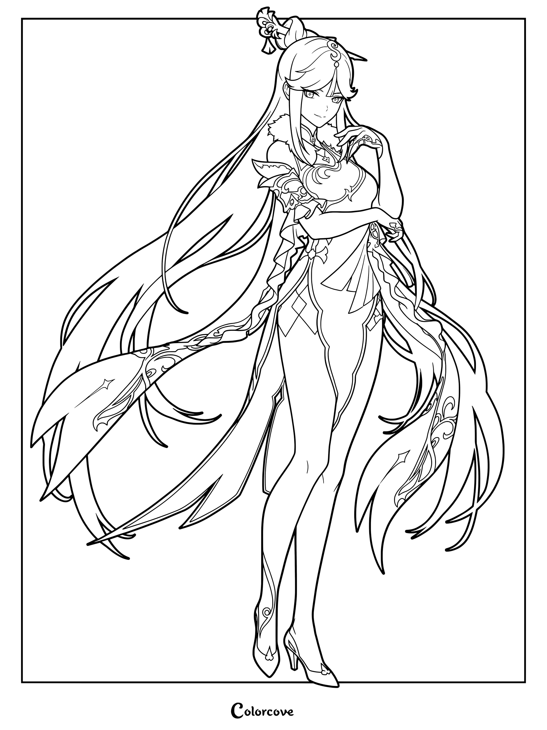 Ningguang Gold Leaf and Pearly Jade Genshin Impact character coloring page.