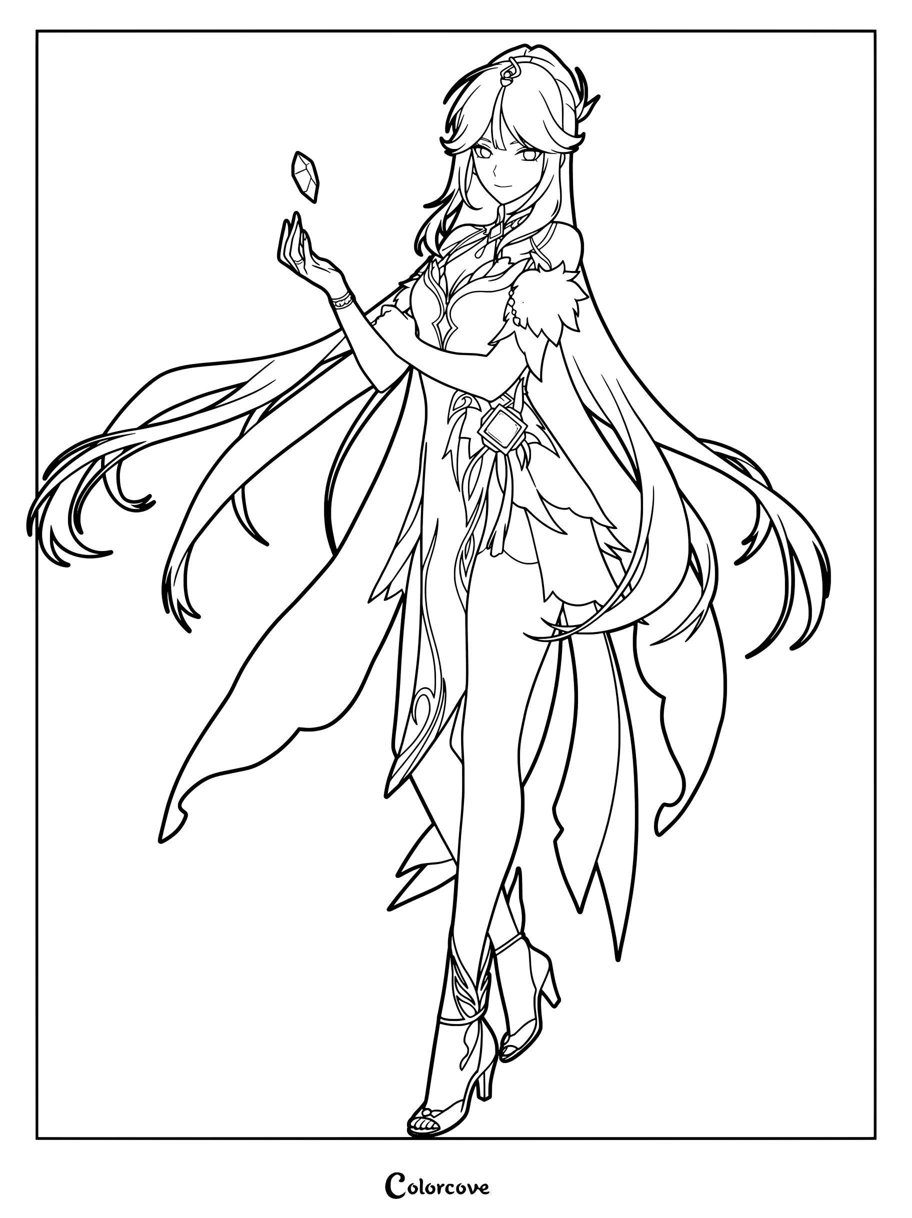 Ningguang wearing Orchid's Evening Gown in this Genshin Impact coloring page.