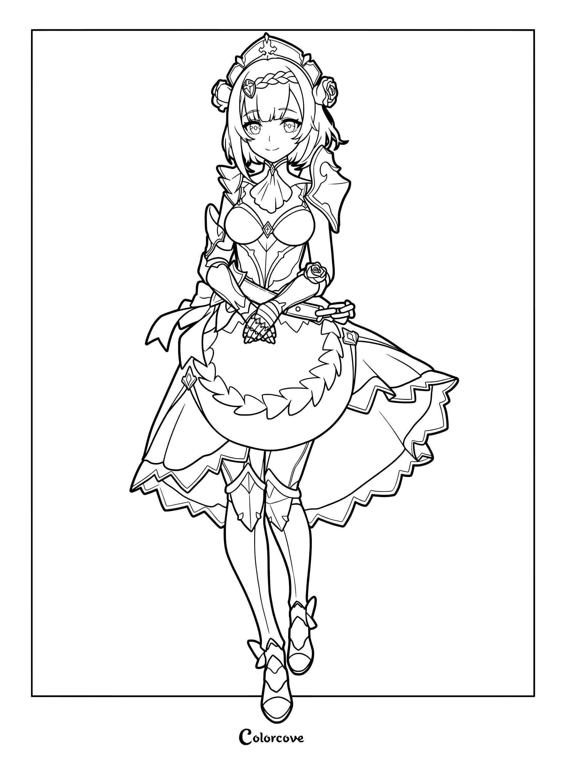 Detailed coloring page featuring Noelle from Genshin Impact in her signature maid outfit.