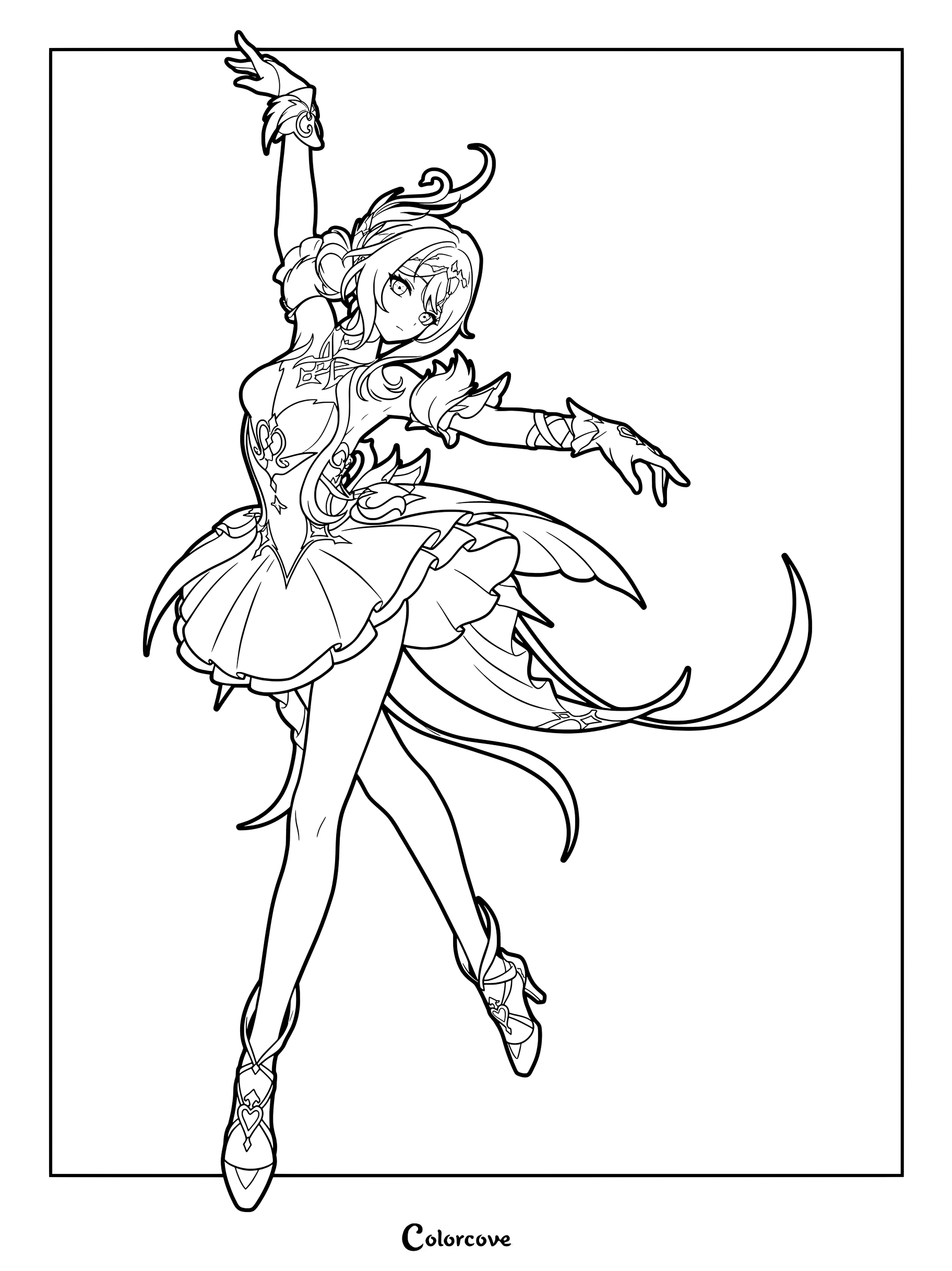 Odette from Genshin Impact striking an elegant ballet pose in a detailed line art coloring page.