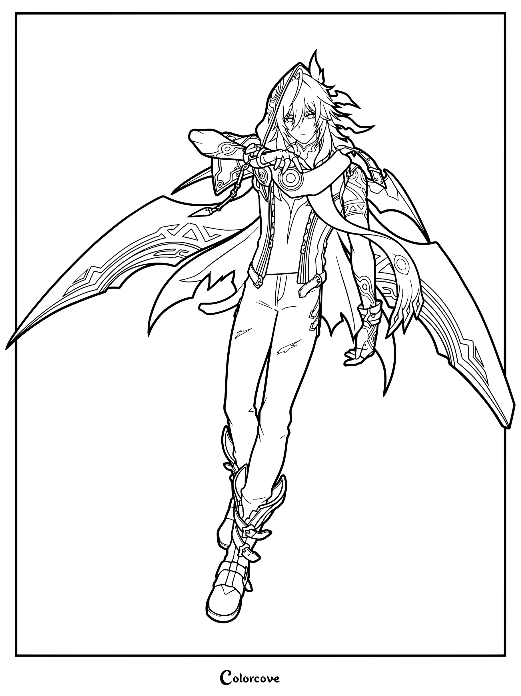 Ororon coloring page from Genshin Impact featuring the character in a hooded outfit.