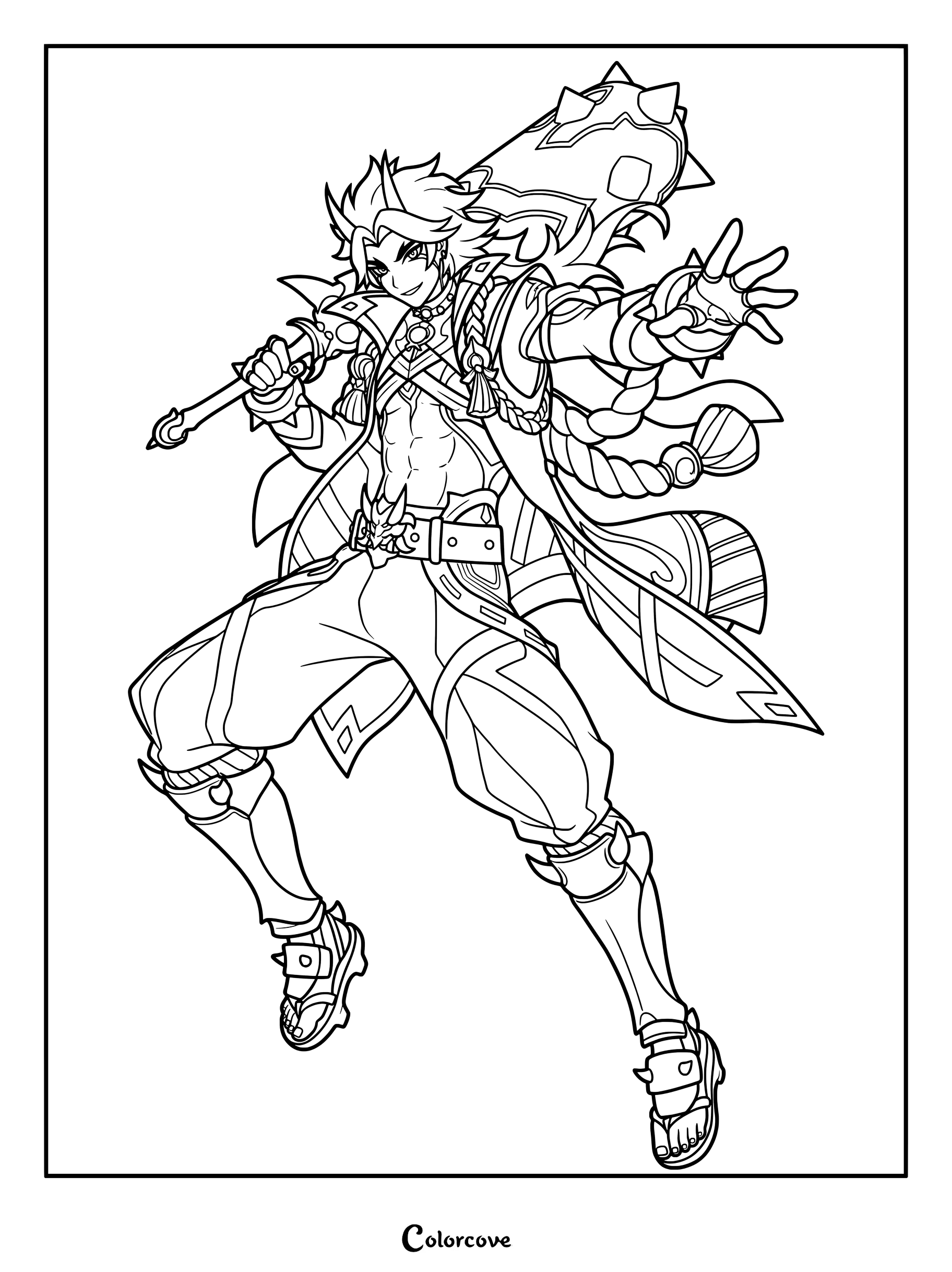 Arataki Itto from Genshin Impact holding his claymore in a dynamic action pose coloring page