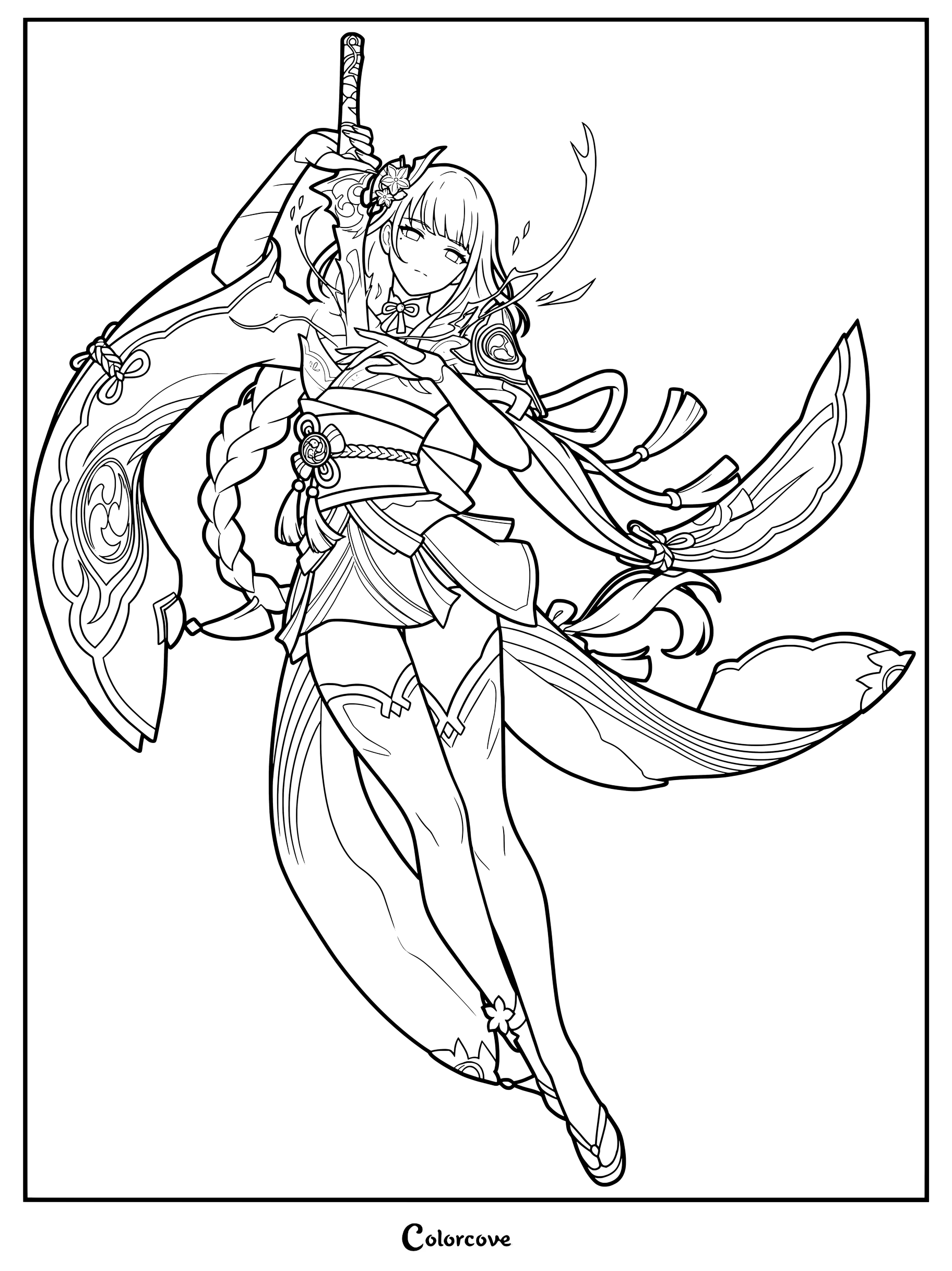 Raiden Shogun drawing her polearm weapon in a dynamic coloring page from Genshin Impact.