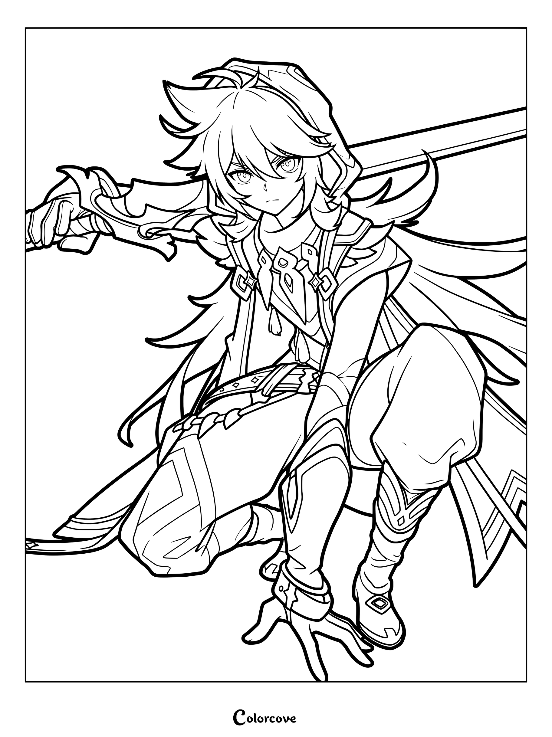 Razor coloring page from Genshin Impact showing the Electro character crouching with his claymore.