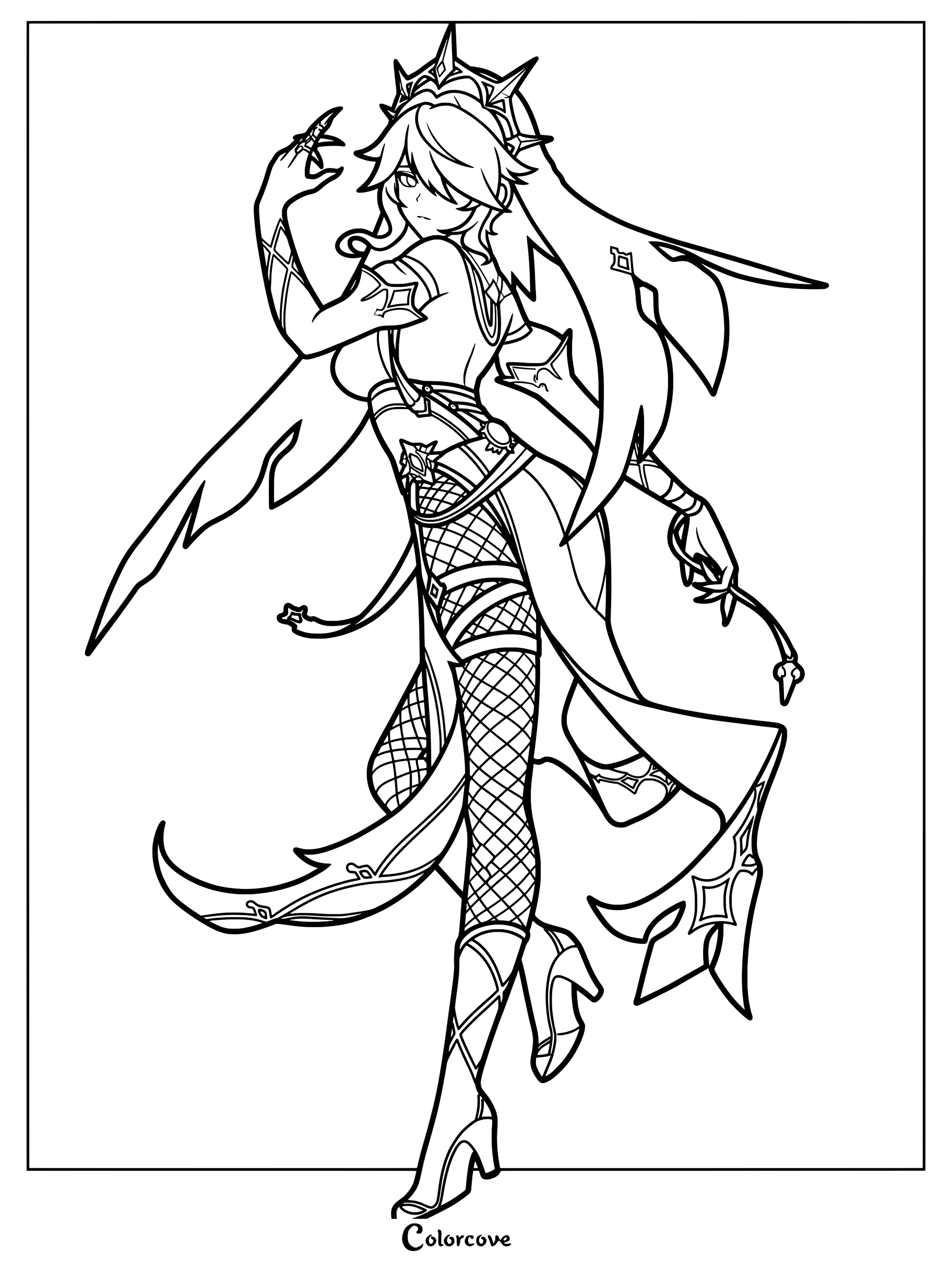 Rosaria coloring page from Genshin Impact featuring her detailed nun outfit and headdress.