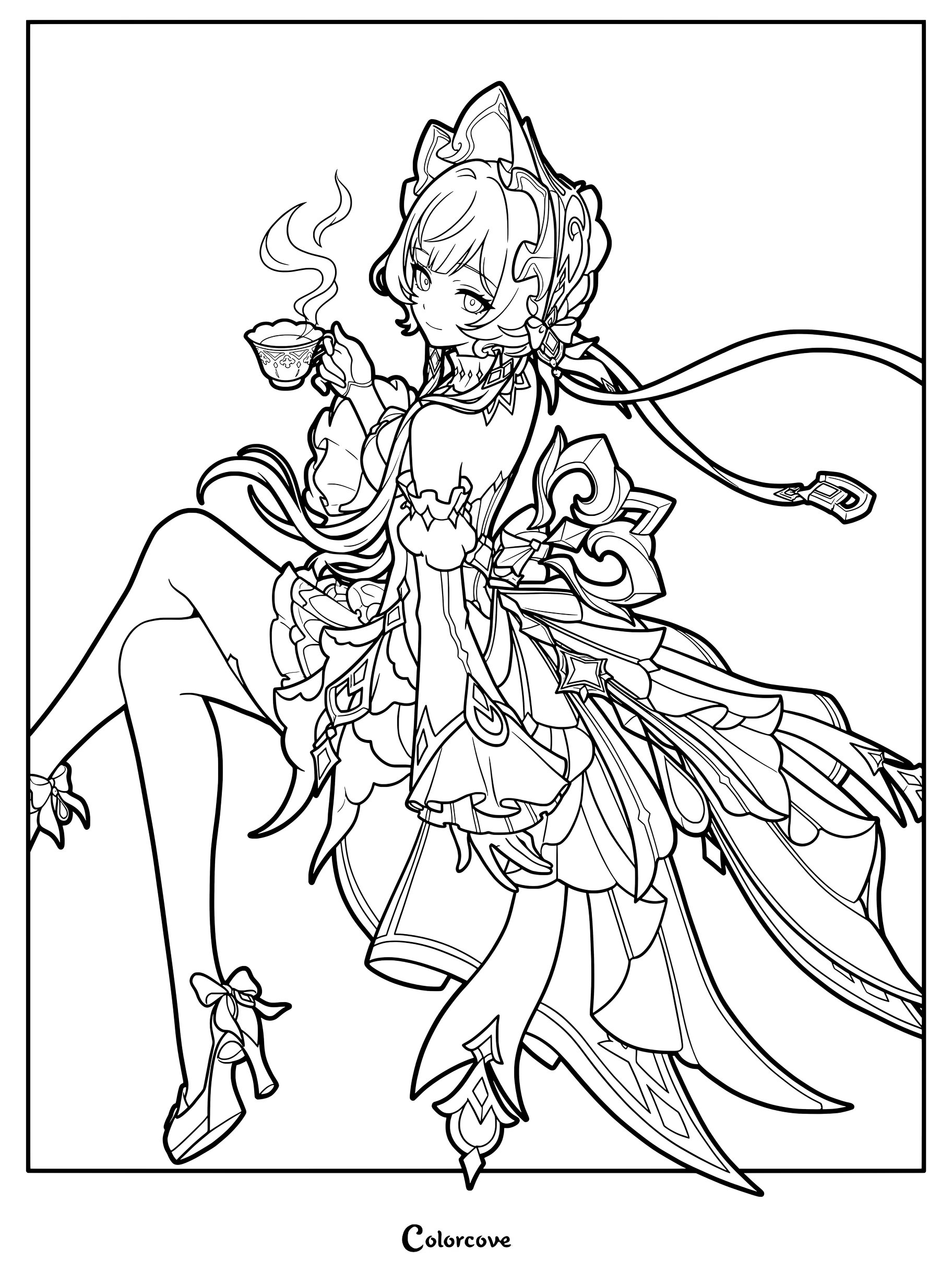 Printable coloring page of Sandrone holding a steaming cup of tea from Genshin Impact.