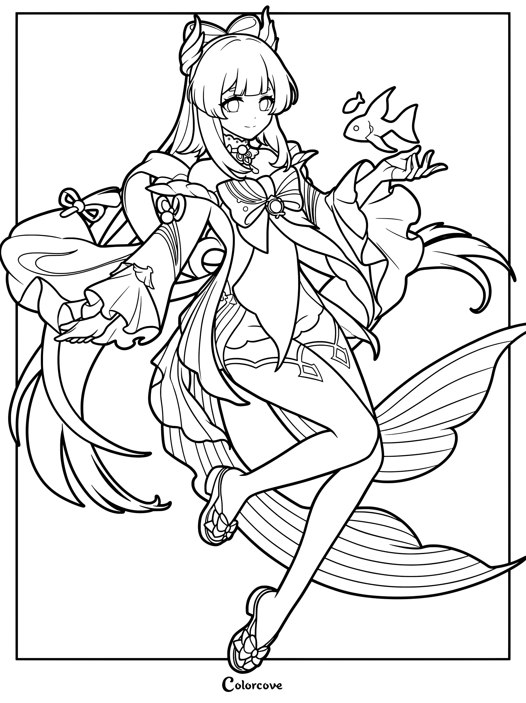Sangonomiya Kokomi from Genshin Impact holding a small fish in a detailed line art coloring page.