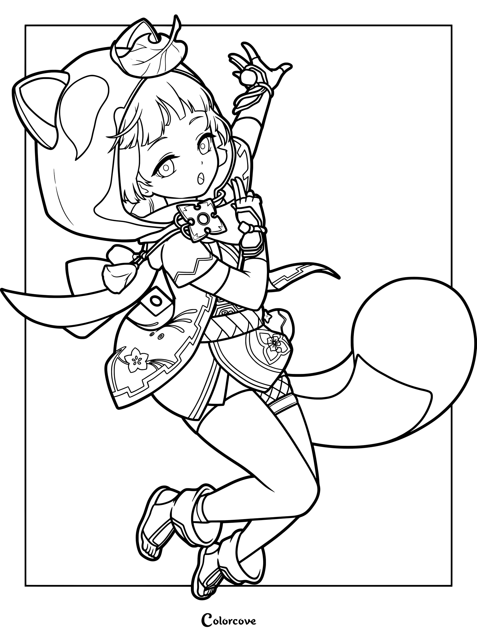 Sayu coloring page from Genshin Impact featuring the ninja character in a dynamic leap with her signature tanuki hood.