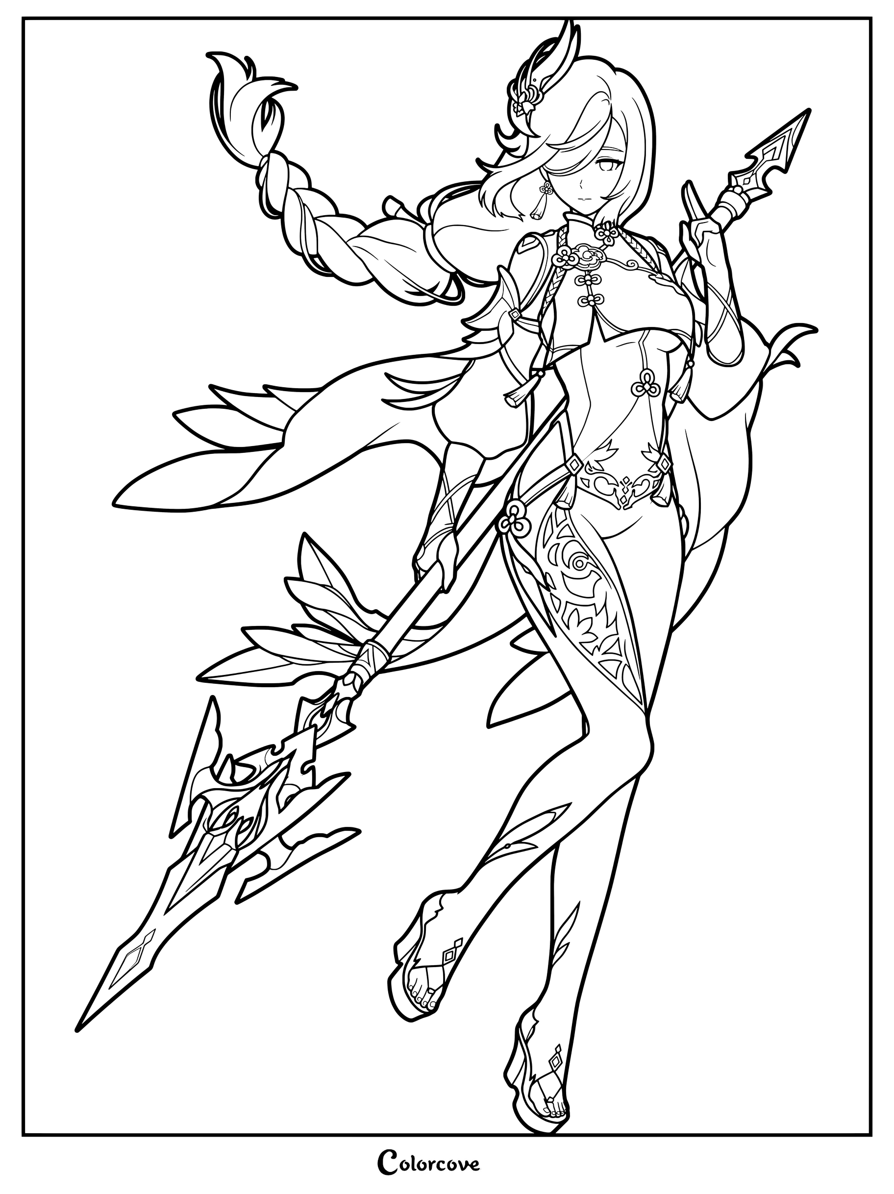 Shenhe holding a polearm in this Genshin Impact coloring page.