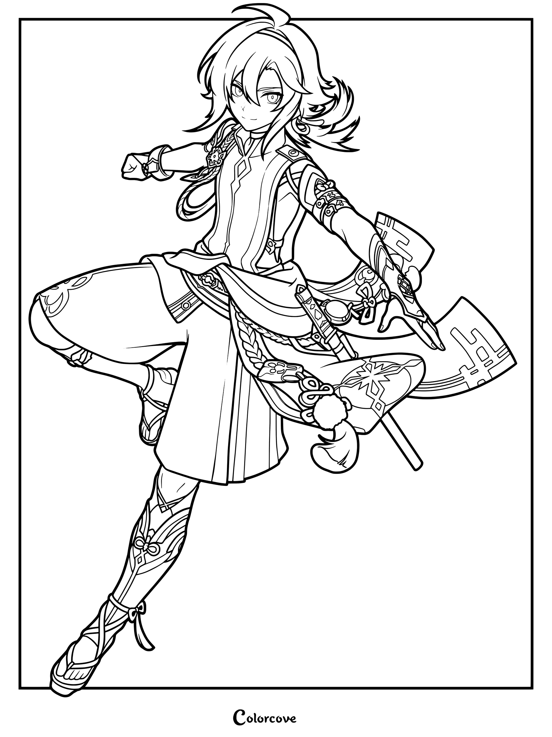 Printable coloring page of Shikanoin Heizou from Genshin Impact in a dynamic martial arts pose.