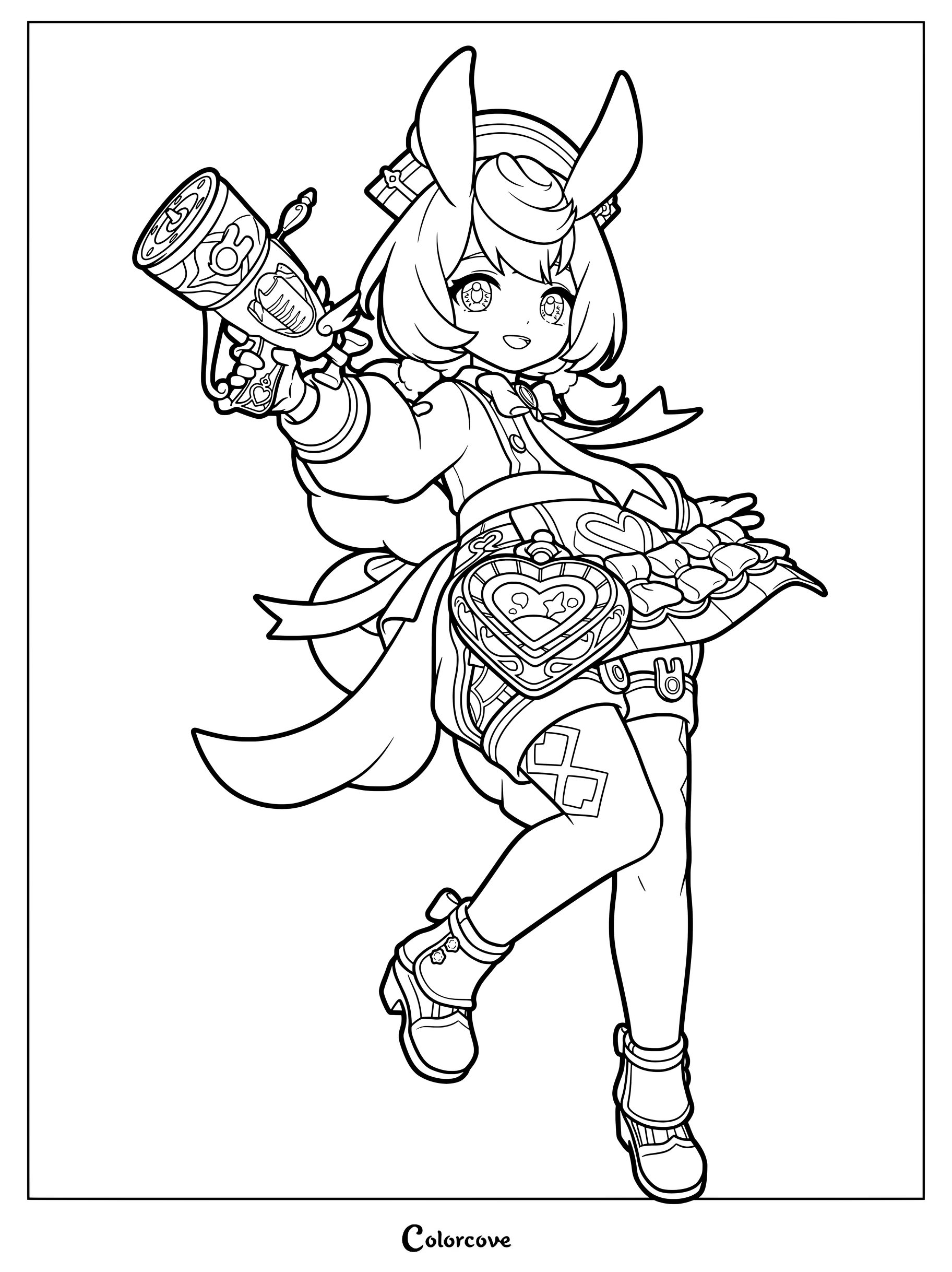 Sigewinne holding her bow from Genshin Impact in a detailed line art coloring page.