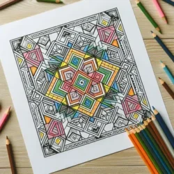 Coloring page with intricate geometric patterns, partially colored with pencils, laid on a wooden surface with various colored pencils.