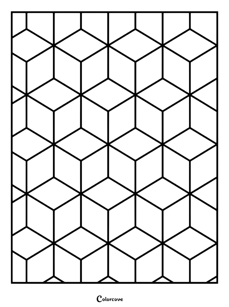 A printable geometric coloring page featuring an optical illusion pattern of repeating 3D cubes.