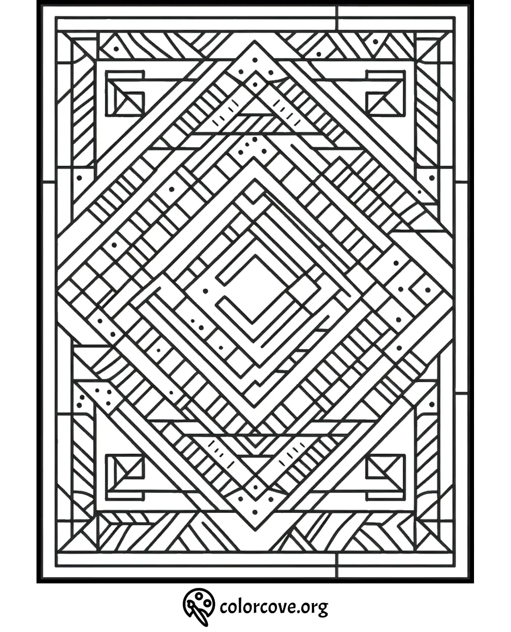 Intricate geometric coloring page with symmetrical patterns and shapes, ready for coloring therapy. Download at colorcove.org.