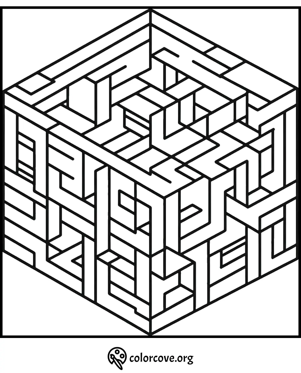 Geometric maze coloring page with a cube design, perfect for kids and adults looking for a creative and fun activity.