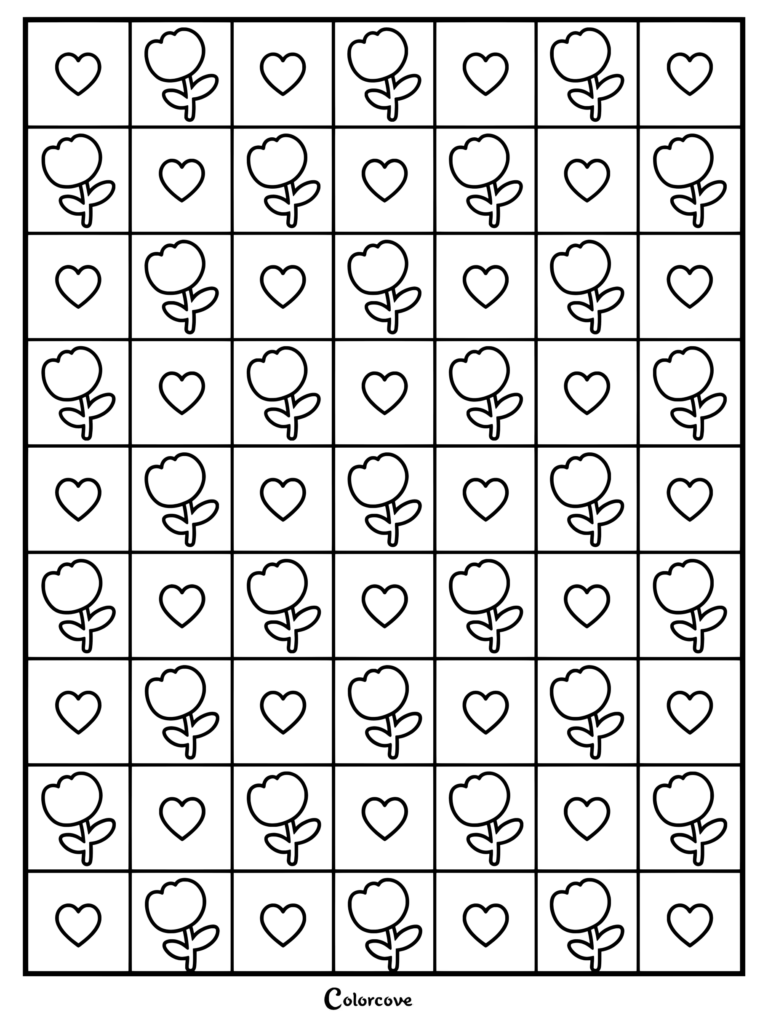 Geometric coloring page featuring an alternating grid pattern of outlined hearts and simple flowers