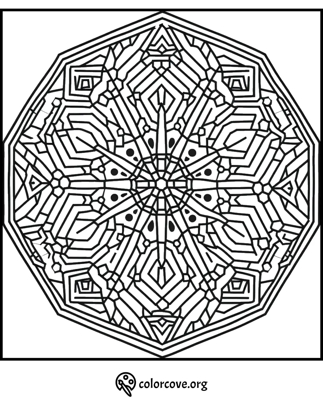 Intricate geometric mandala coloring page with detailed patterns for artistic relaxation and mindfulness from colorcove.org.