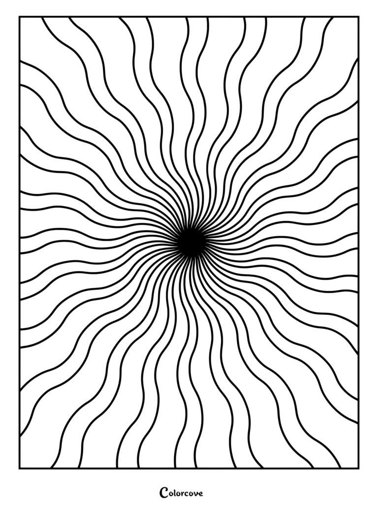 Geometric wavy swirl coloring page with radiating black lines from a central point