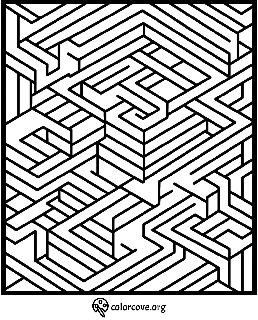 Intricate maze coloring page with complex geometric design for stress relief and fun from colorcove.org.