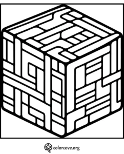 Isometric cube coloring page with geometric patterns; printable black-and-white design for stress relief and creativity.