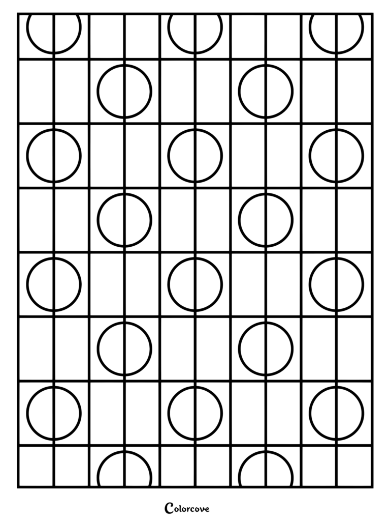 A complex geometric coloring page featuring intersecting grids and circles.