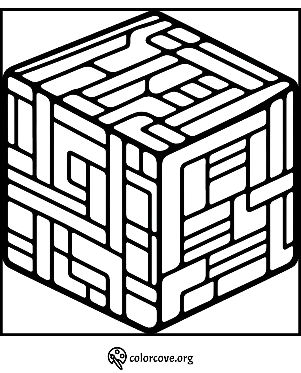 Isometric cube coloring page with geometric patterns; printable black-and-white design for stress relief and creativity.