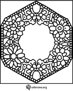 Ornate floral mandala coloring page with geometric patterns and flowers, perfect for relaxation and stress relief.