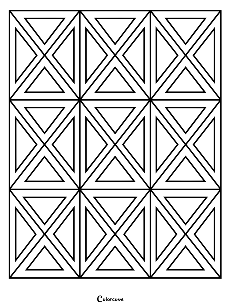 A printable geometric coloring page featuring a repeating grid of interlocking triangles and nested shapes.