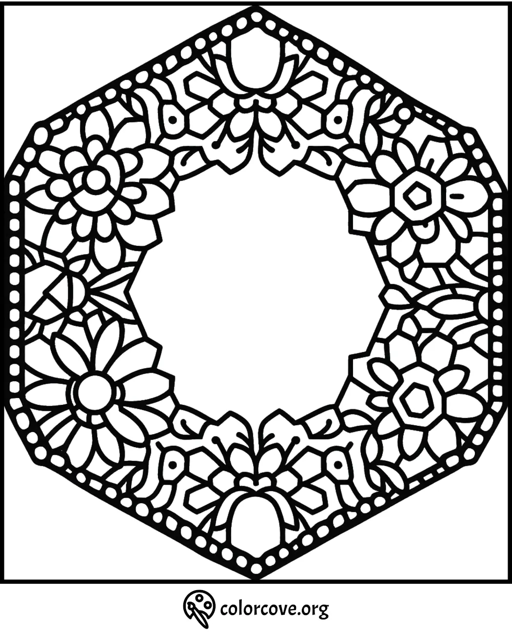 Ornate floral mandala coloring page with geometric patterns and flowers, perfect for relaxation and stress relief.