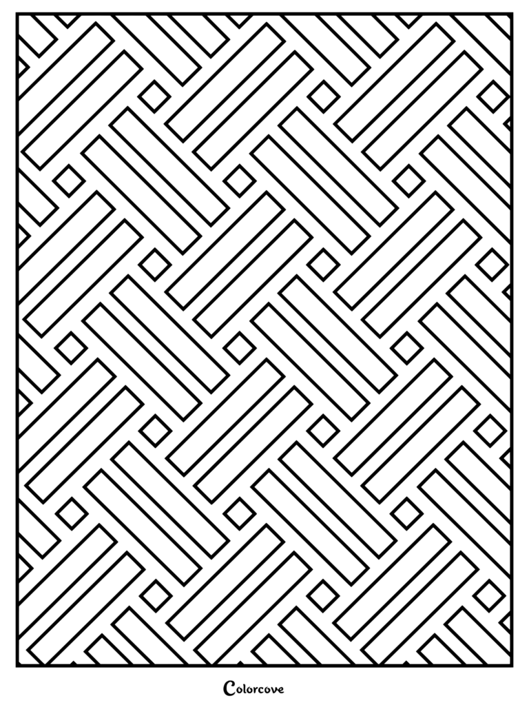 Geometric interlocking rectangles coloring page featuring a repeating diagonal pattern with small square accents.