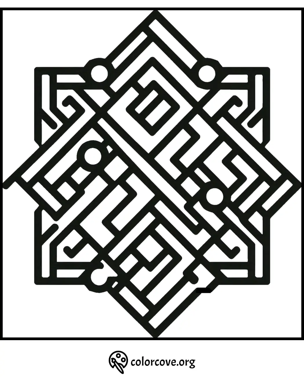 Geometric maze-style coloring page featuring intricate patterns and shapes, ideal for relaxation and creativity.