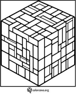 Coloring page featuring a geometric cube with intricate rectangular patterns. Ideal for stress relief and creative coloring.