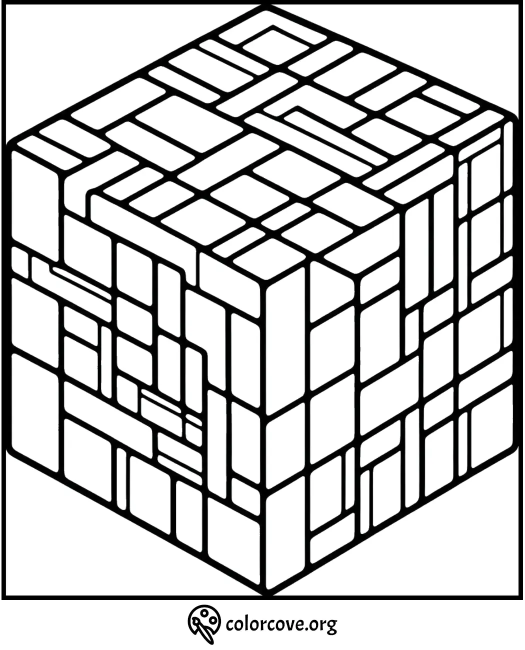 Coloring page featuring a geometric cube with intricate rectangular patterns. Ideal for stress relief and creative coloring.