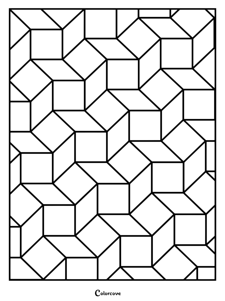 An intricate geometric coloring page featuring an interlocking cube tessellation pattern of black outlines.