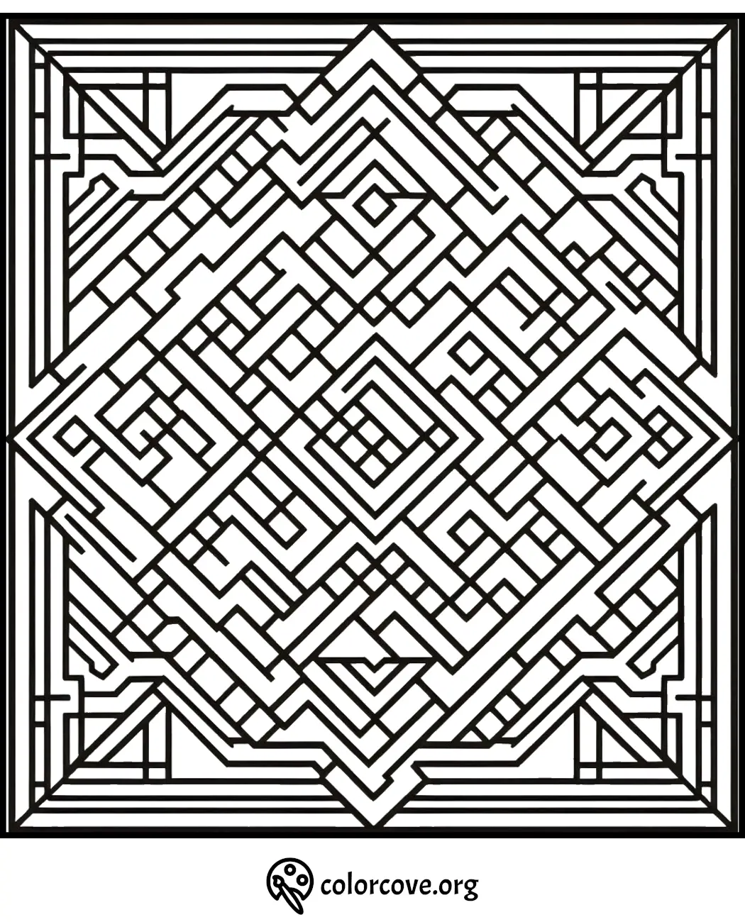 Intricate geometric maze coloring page for stress relief and relaxation from colorcove.org. Perfect for adult coloring enthusiasts.