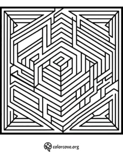 Intricate geometric maze coloring page with abstract lines, perfect for kids and adults. Visit colorcove.org.