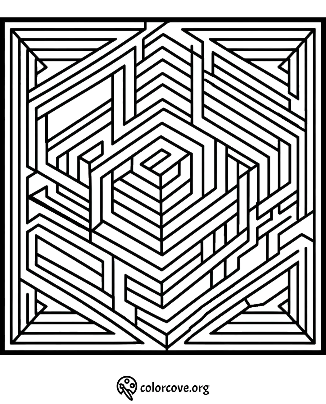 Intricate geometric maze coloring page with abstract lines, perfect for kids and adults. Visit colorcove.org.