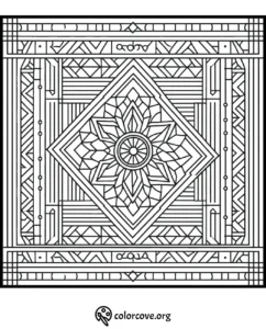 Intricate geometric mandala coloring page for adults, featuring detailed patterns and shapes. Download from colorcove.org.