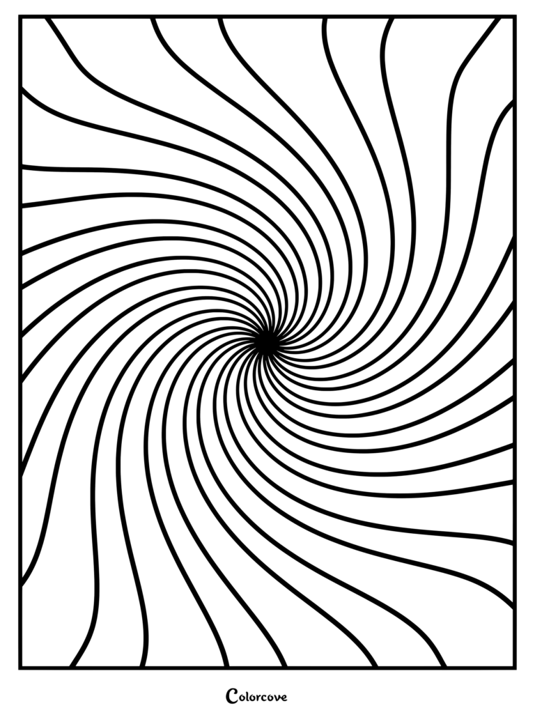 A printable geometric swirl coloring page featuring dynamic curved lines radiating from a central point.