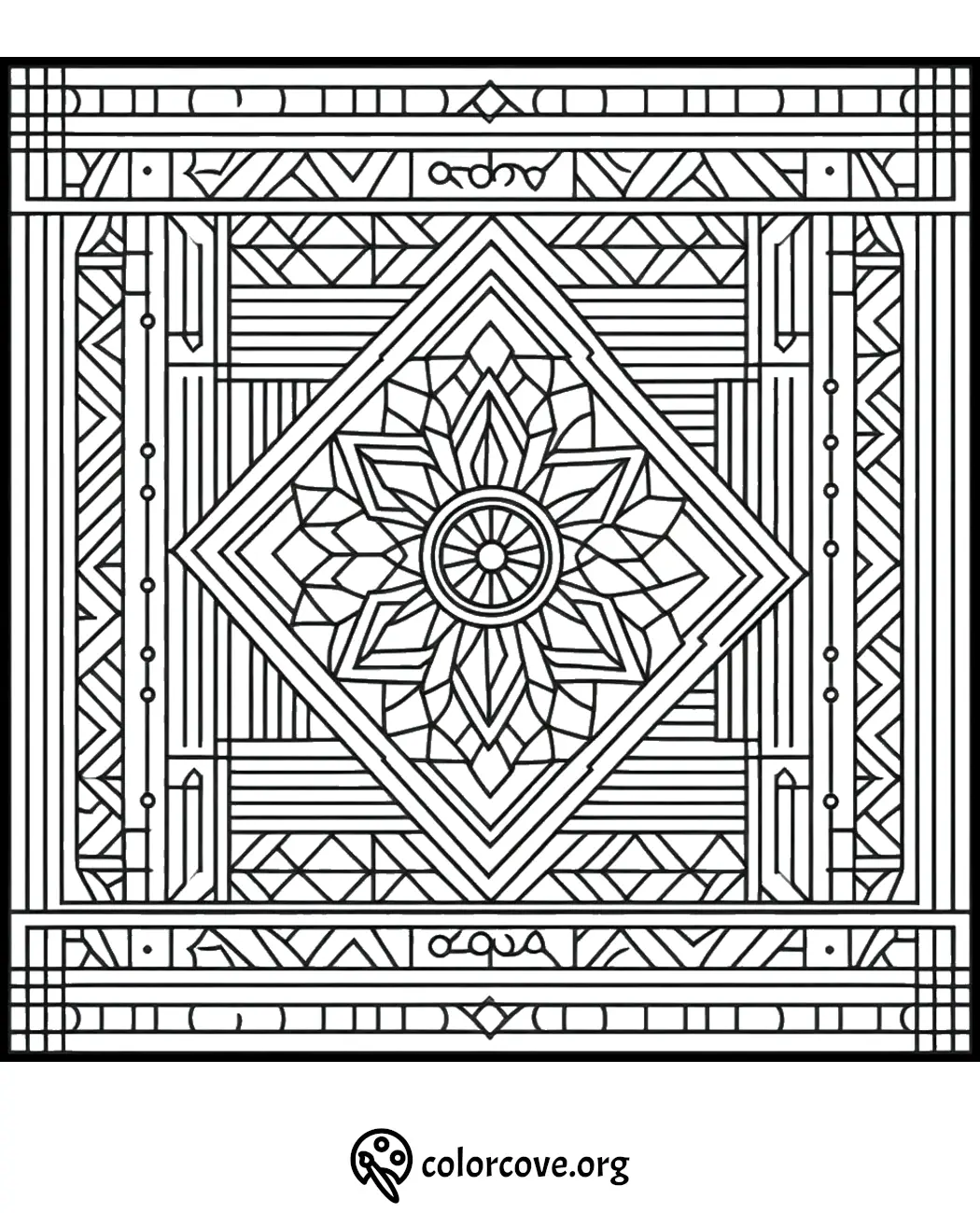 Intricate geometric mandala coloring page for adults, featuring detailed patterns and shapes. Download from colorcove.org.