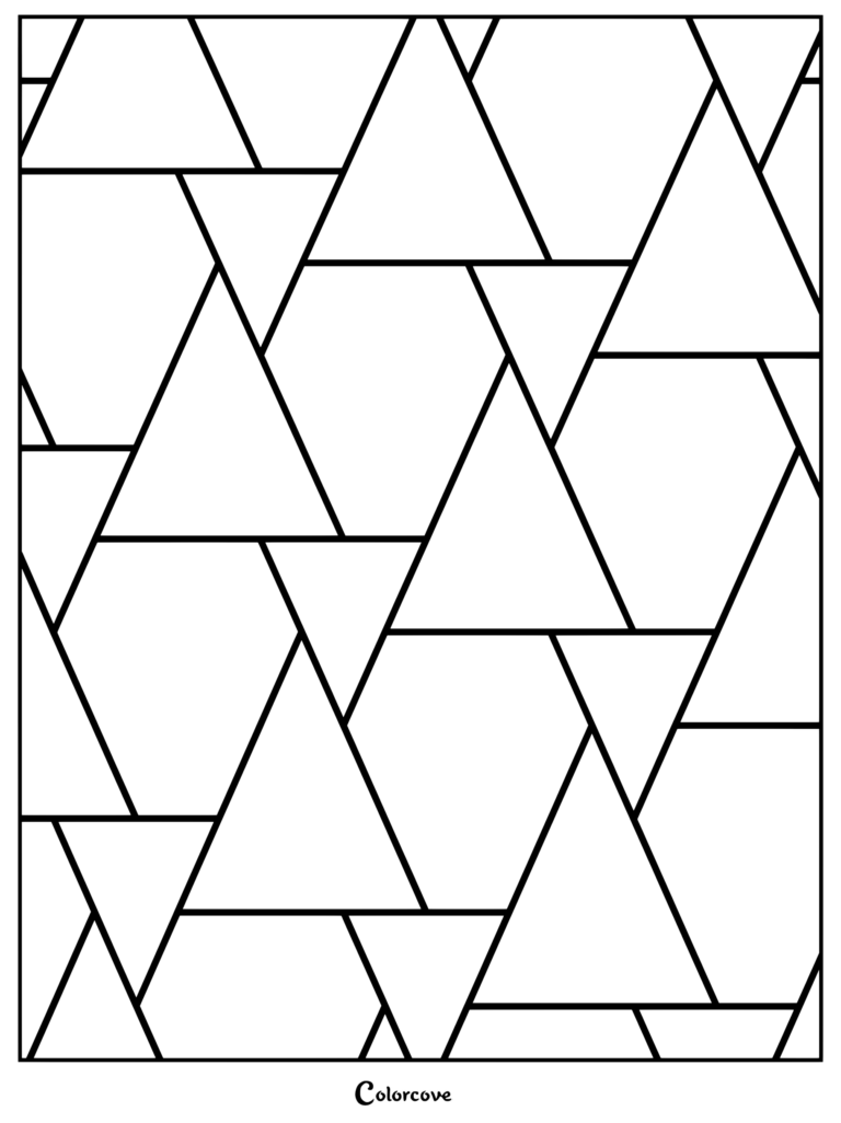 An intricate geometric coloring page featuring various interlocking triangles and shapes