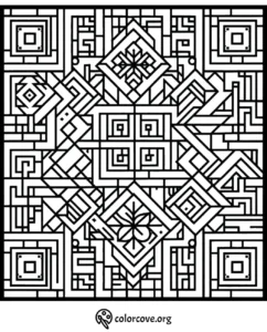 Intricate geometric pattern coloring page with abstract shapes and lines, ideal for stress relief and relaxation. Colorcove.org