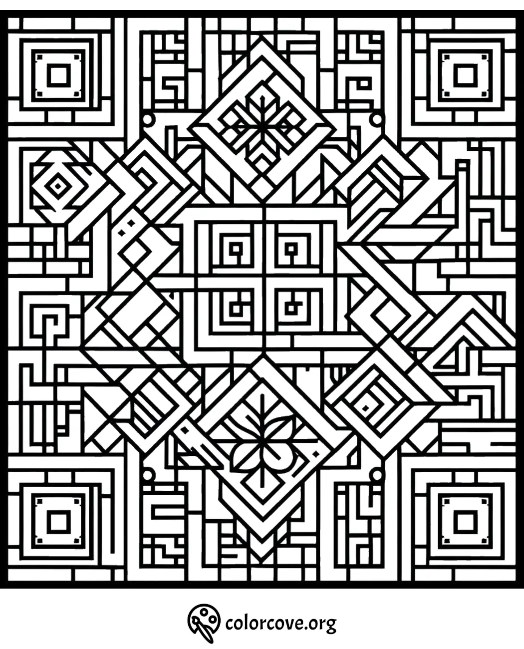 Intricate geometric pattern coloring page with abstract shapes and lines, ideal for stress relief and relaxation. Colorcove.org