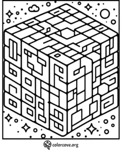 Geometric cube coloring page for kids and adults with intricate shapes and designs, perfect for creative expression.