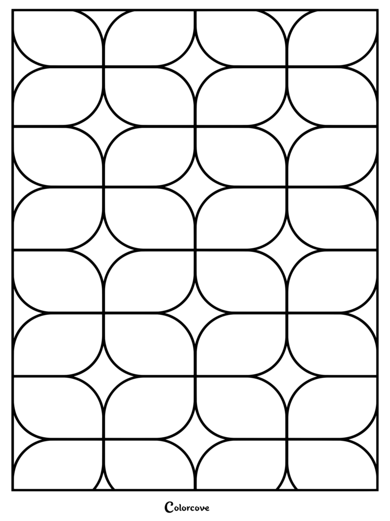 A printable geometric coloring page featuring a repeating pattern of curved shapes and diamond accents.