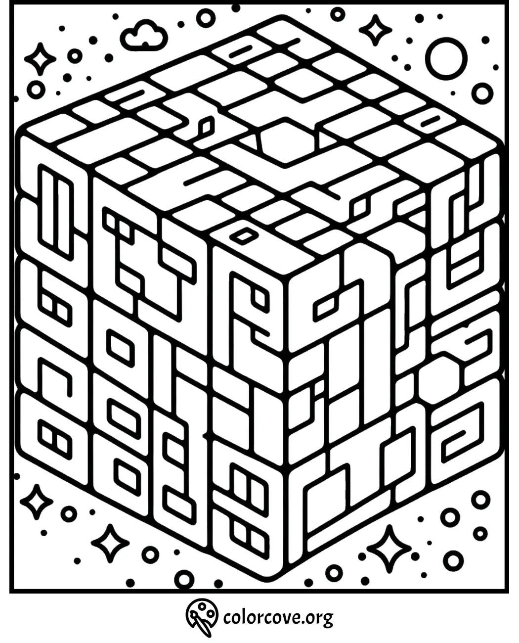 Geometric cube coloring page for kids and adults with intricate shapes and designs, perfect for creative expression.