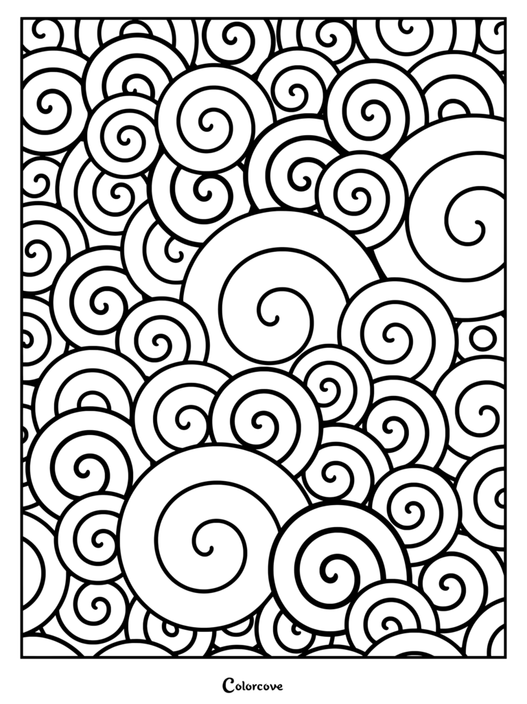Intricate geometric spiral patterns coloring page featuring overlapping black and white swirls of various sizes.